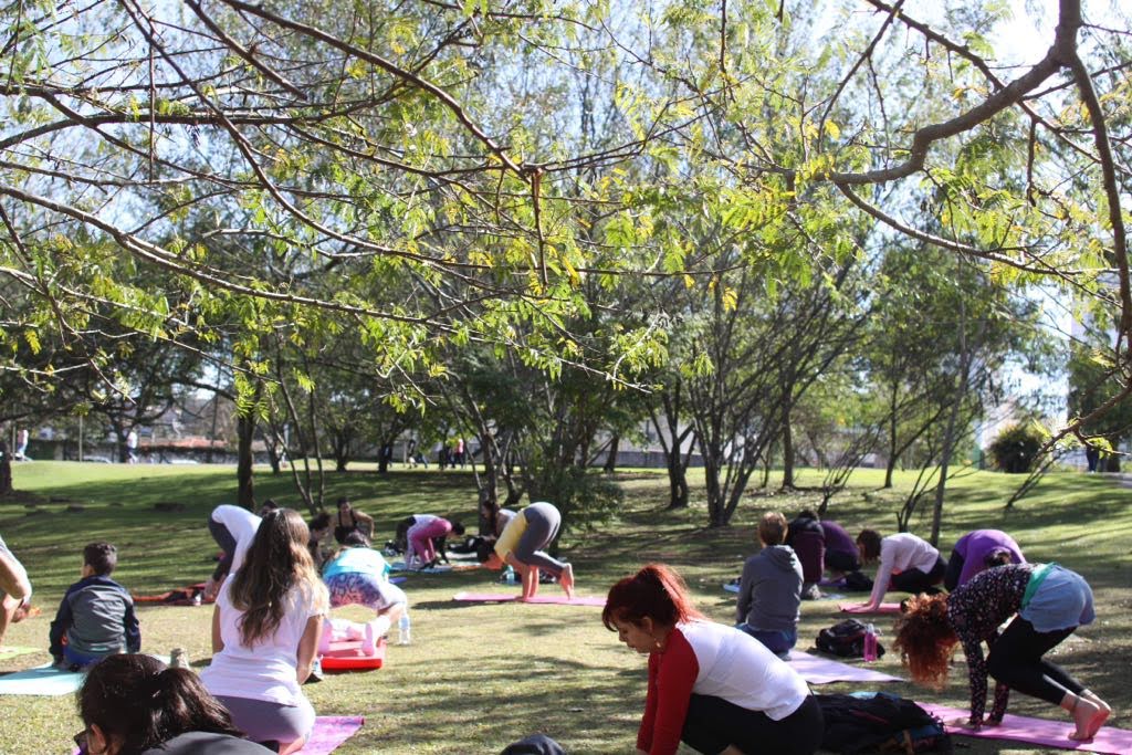 Aula de yoga ao ar livre no parque conduzida pela Jess